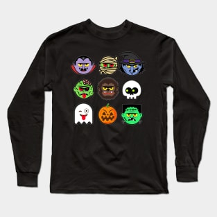 MONSTER FACES Halloween Emoji Shirt Skeleton Dracula Costume Long Sleeve T-Shirt